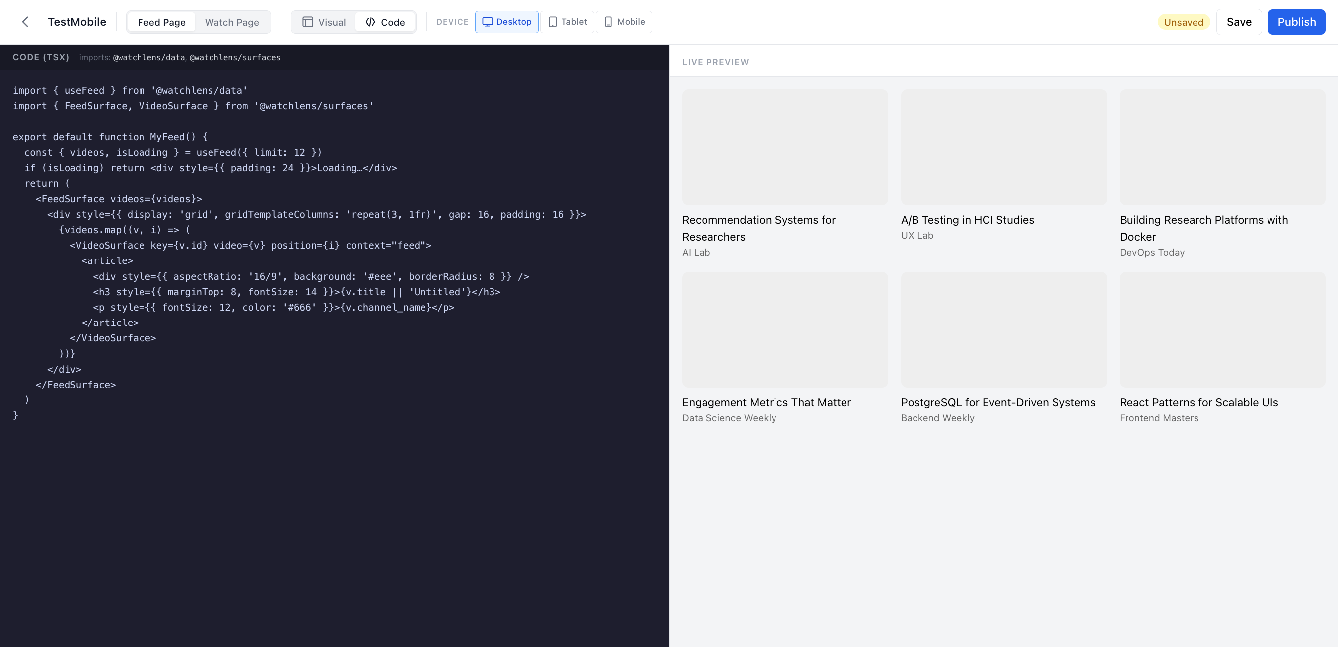 Admin Code Editor with TSX source on the left and live preview on the right