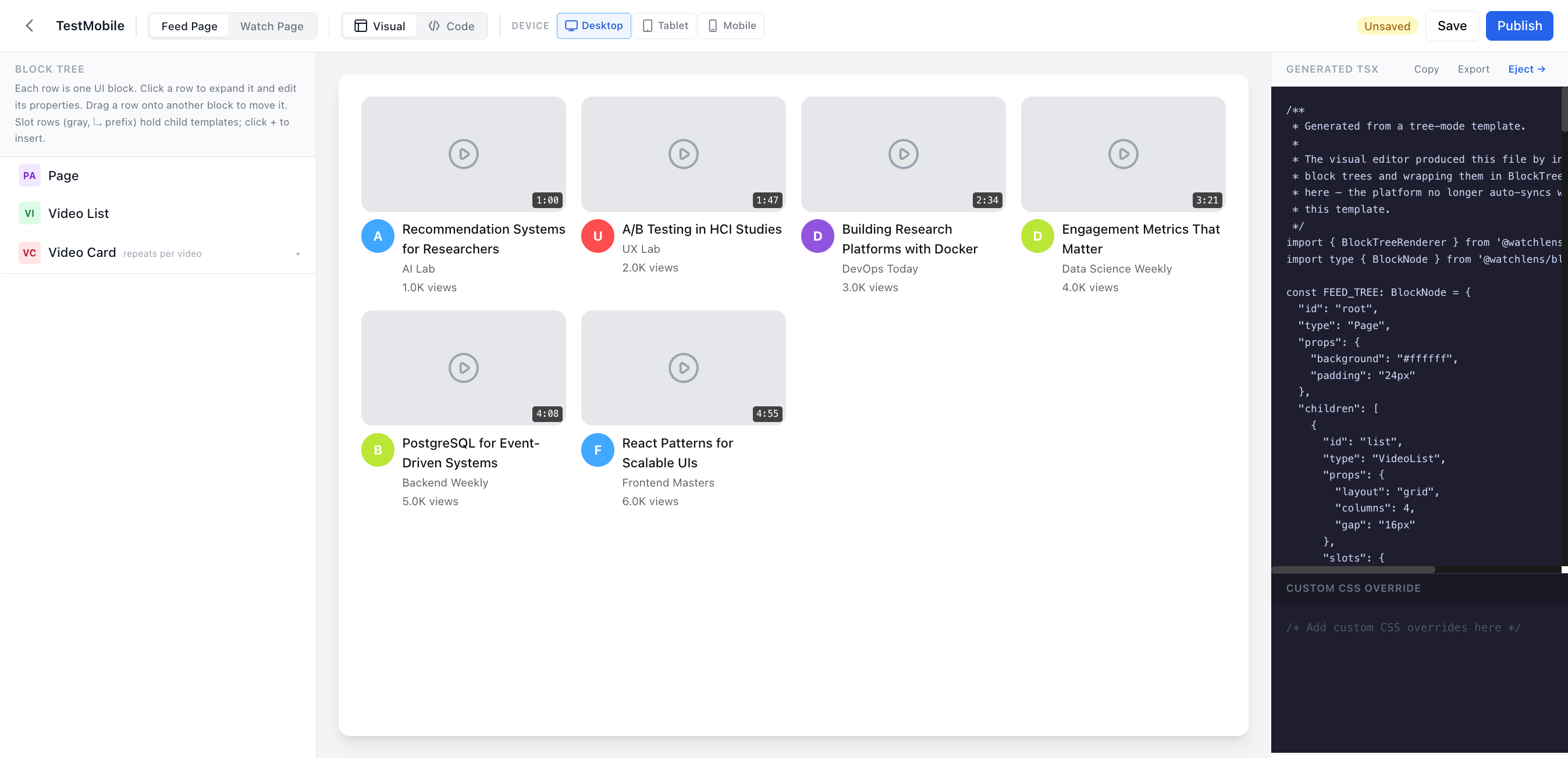 Visual editor, desktop feed