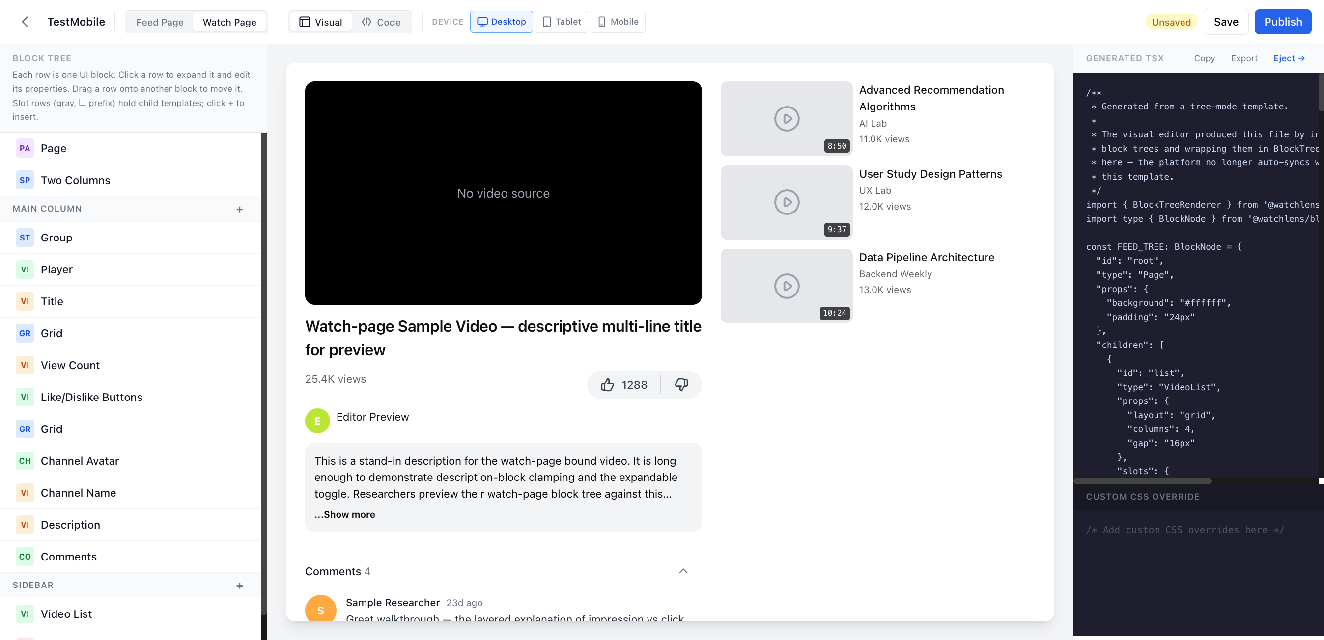 Visual editor, desktop watch