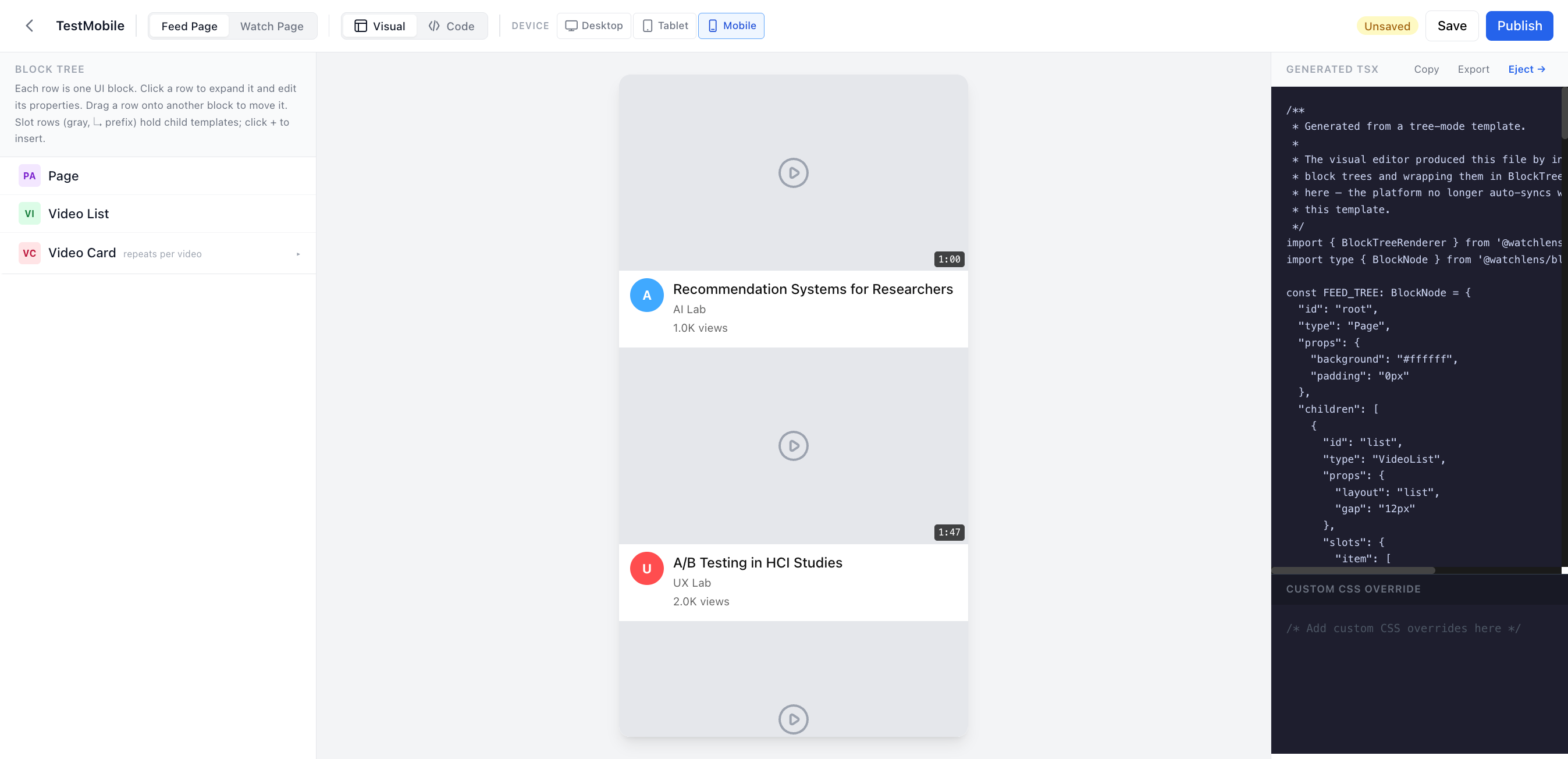 Visual editor, mobile feed