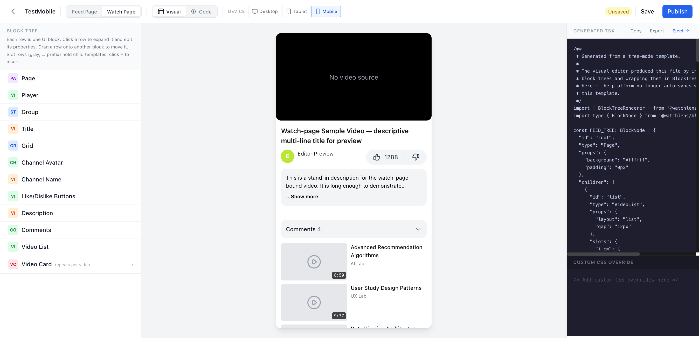 Visual editor, mobile watch