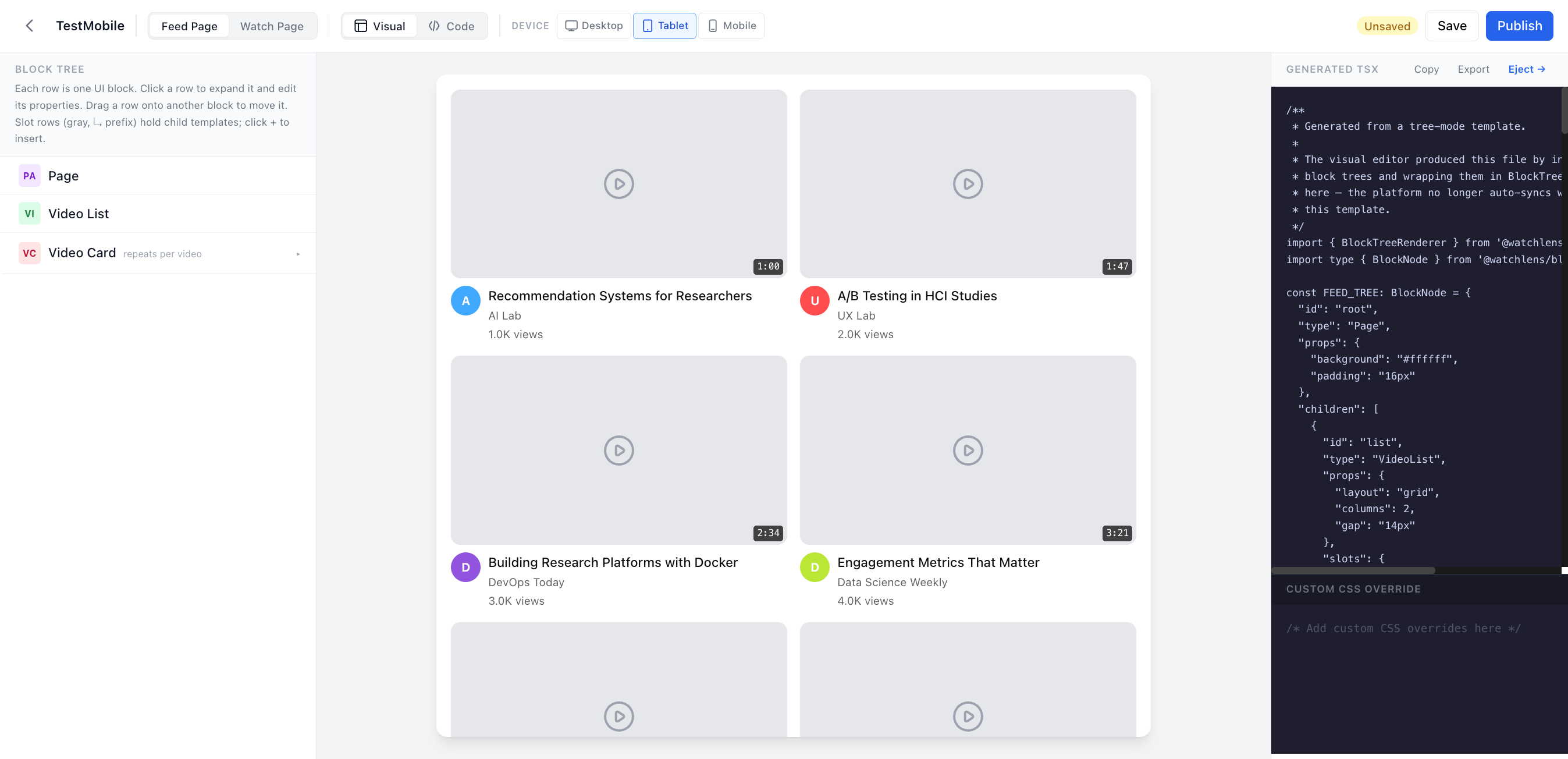 Visual editor, tablet feed